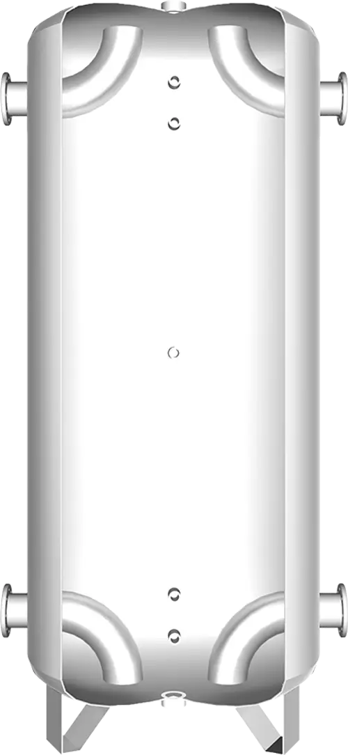 Vertikaler Pufferspeicher von Juratherm, ohne Anbauteile, mit zwei Anschlüssen für Kaltwasser und gestütztem Standfuß, in schlichter, metallischer Optik.